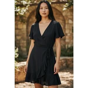 LoveStitch Black Wrap Mini Dress NWT Flutter Sleeve Ruffle Hem – Small